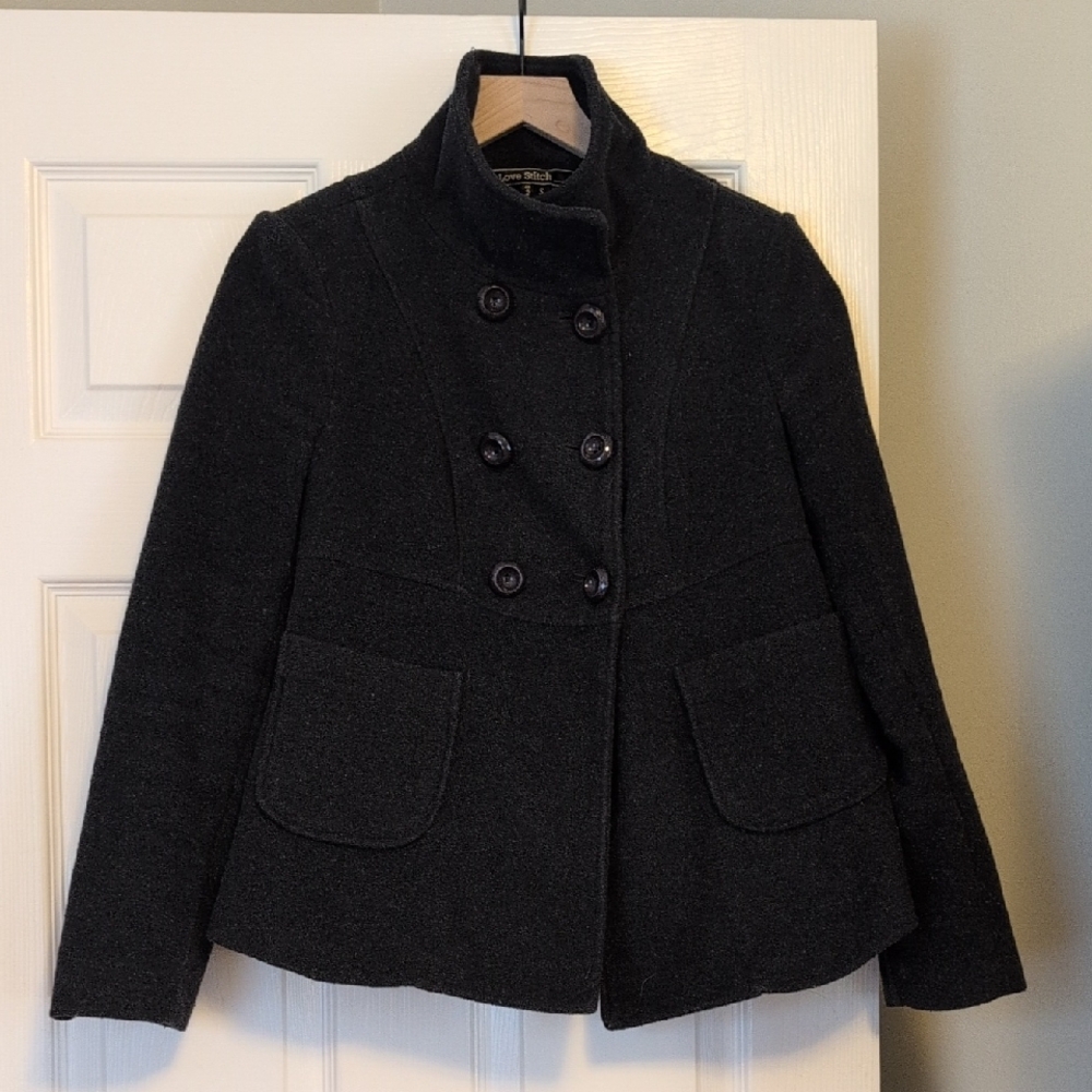 Love Stitch Grey Double-Breasted Pea Coat